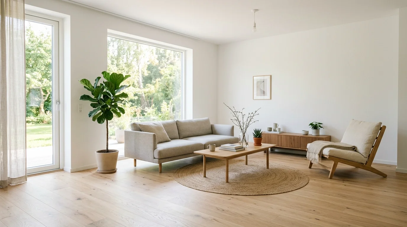 A bright room with white walls light wood flooring and simple furniture allowing the space to feel open and uncluttered natural daylight airy vibe no people
