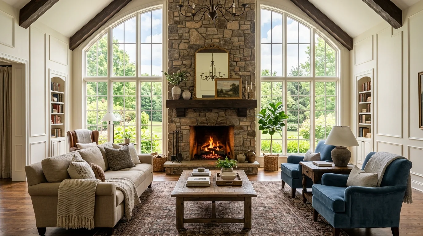 A grand living room with a statement fireplace surrounded by comfortable seating and large windows bright natural lighting inviting focal point no people