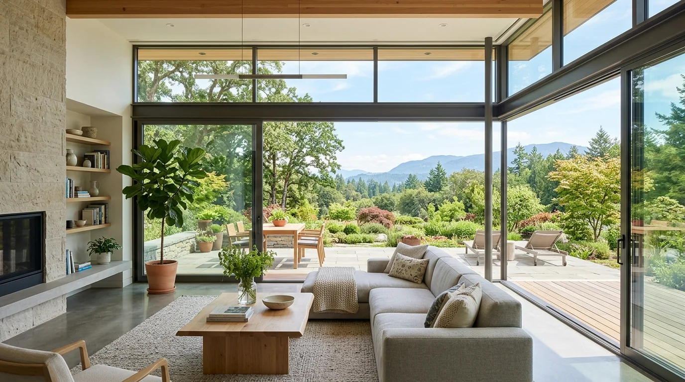 A contemporary living room with glass walls overlooking outdoor scenery bright natural daylight blending indoor and outdoor spaces no people