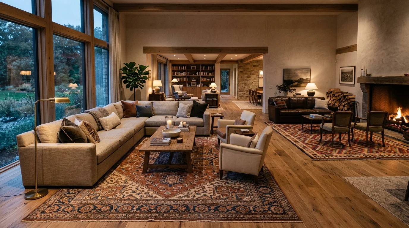 A room with oversized rugs defining seating areas and creating warmth within a large open space soft lighting cozy yet expansive feel no people