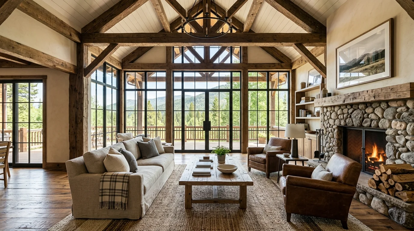 A living room with tall ceilings exposed beams and large windows bright natural light rustic yet open spacious design no people