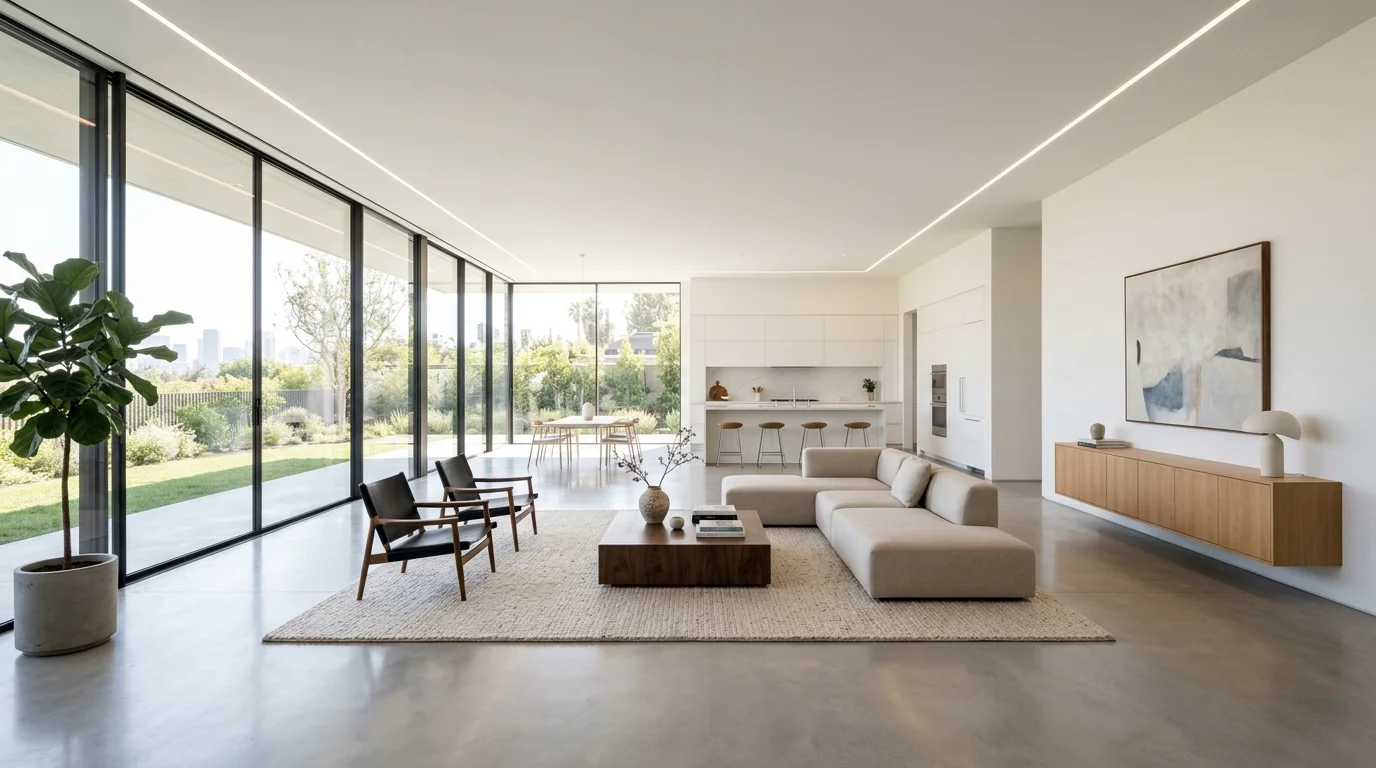 A modern minimalist space with low profile furniture and wide open floor area bright lighting uncluttered airy aesthetic no people