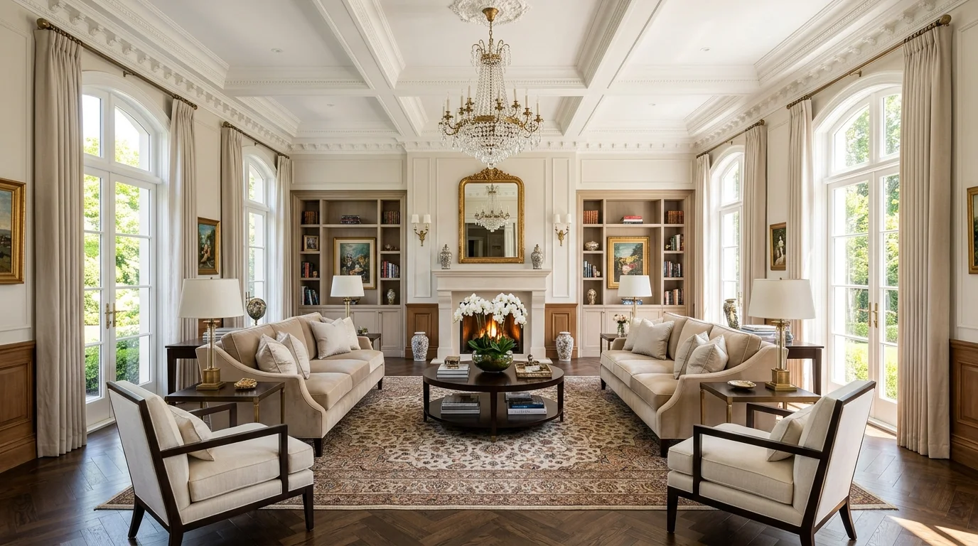 A grand living room with symmetrical furniture arrangement around a central coffee table bright natural lighting balanced elegant layout no people