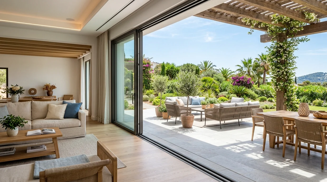 A space with sliding glass doors opening to a patio extending the living area outdoors bright daylight seamless indoor outdoor flow no people