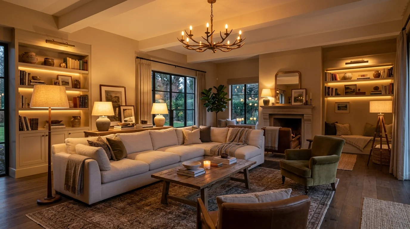 A living room with layered lighting including floor lamps table lamps and ceiling fixtures enhancing depth in a large space warm lighting inviting ambiance no people