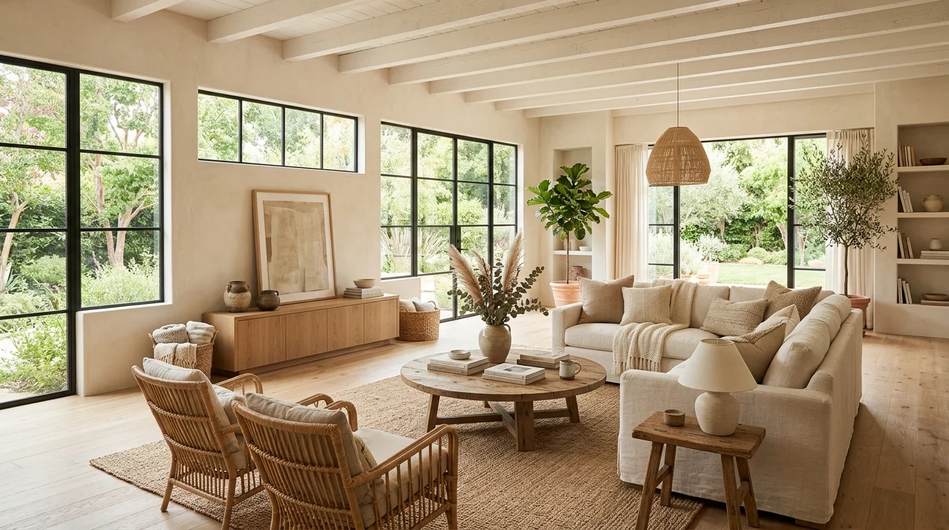 A large airy room with soft neutral tones textured decor and plenty of natural light creating a calm welcoming gathering space no people