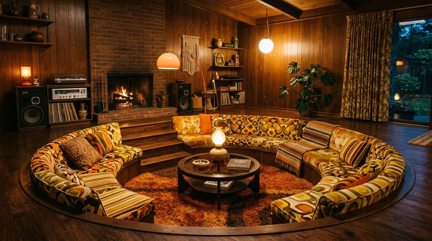A space with a sunken conversation pit featuring bold patterned cushions and a circular layout warm lighting nostalgic 70s design no people