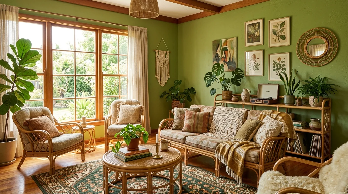 A living room with avocado green walls rattan furniture and layered textures bright natural daylight earthy retro aesthetic no people