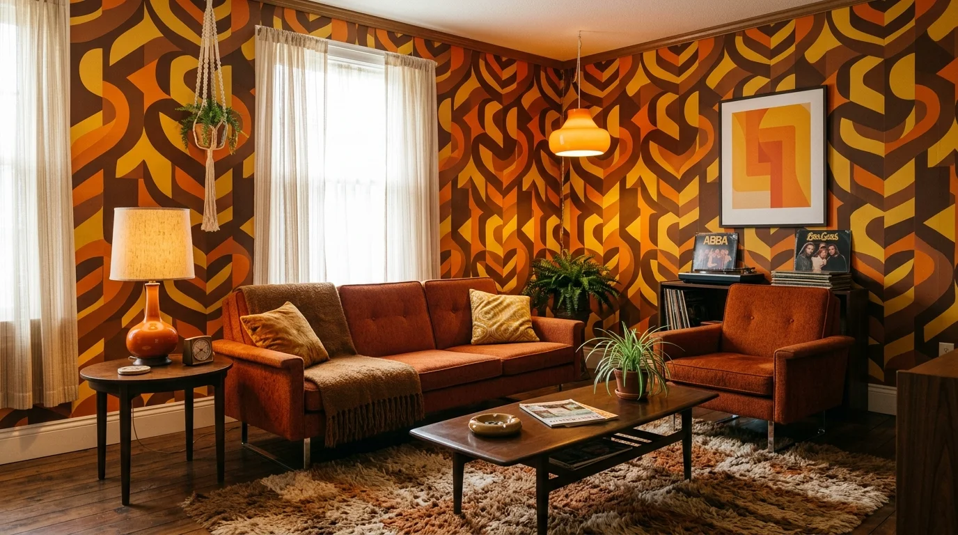A room with bold geometric wallpaper in brown orange and yellow tones paired with simple furniture warm lighting classic 70s look no people