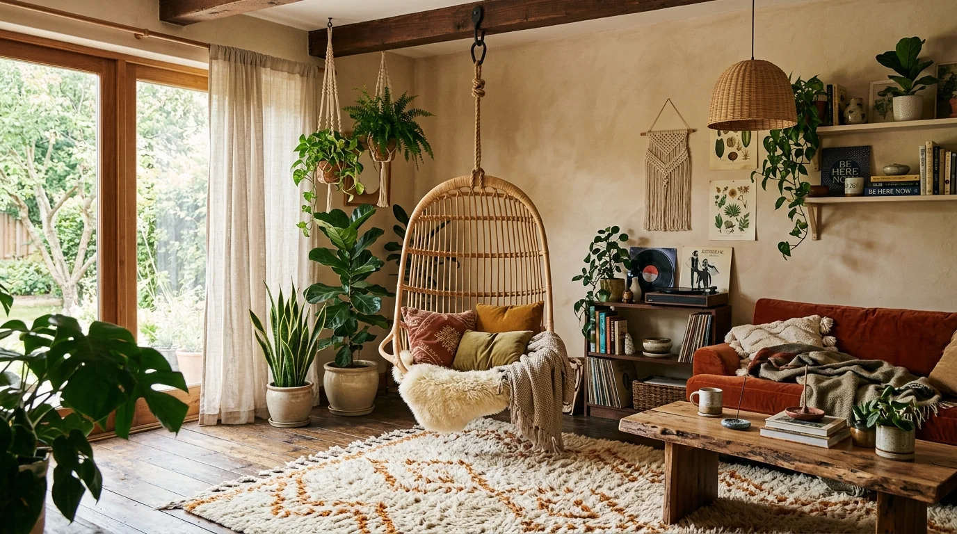 A living room with a hanging egg chair shag rug and indoor plants soft lighting relaxed bohemian 70s vibe no people
