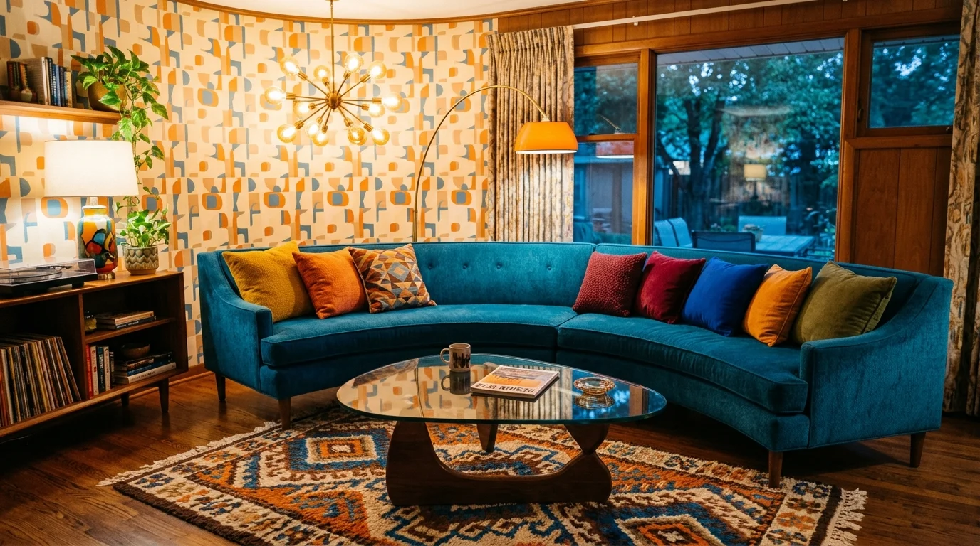 A retro space with a curved sofa bold colored cushions and a glass coffee table warm lighting playful vintage design no people