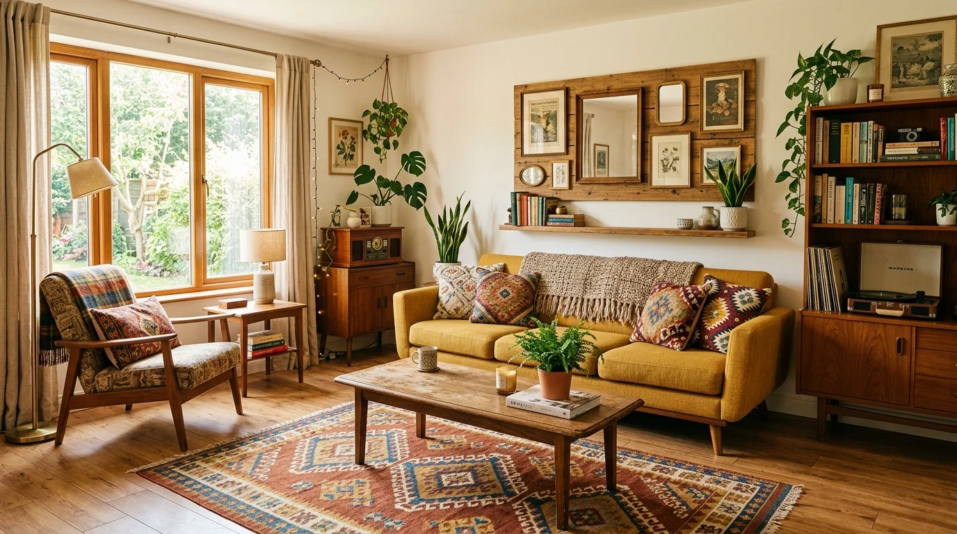 A living room with wood furniture mustard yellow accents and patterned textiles bright natural light cozy nostalgic feel no people