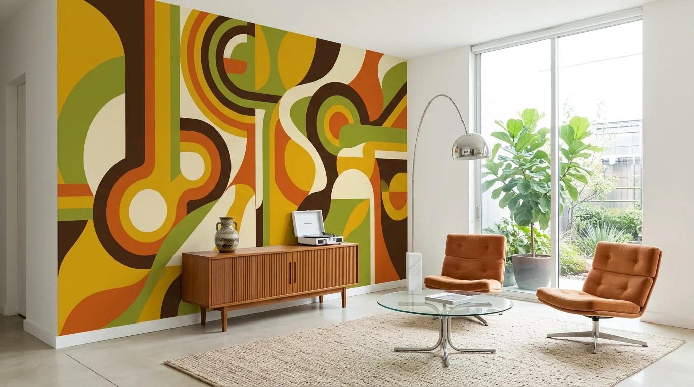 A room with a large abstract mural in 70s color palette paired with minimal furniture bright lighting artistic retro statement no people