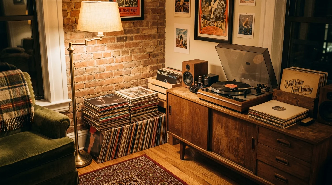 A cozy corner with a floor lamp vinyl record player and stacked records warm lighting classic vintage ambiance no people