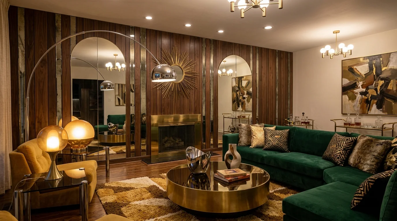 A living room with metallic accents mirrored surfaces and bold decor soft lighting glam 70s influence no people