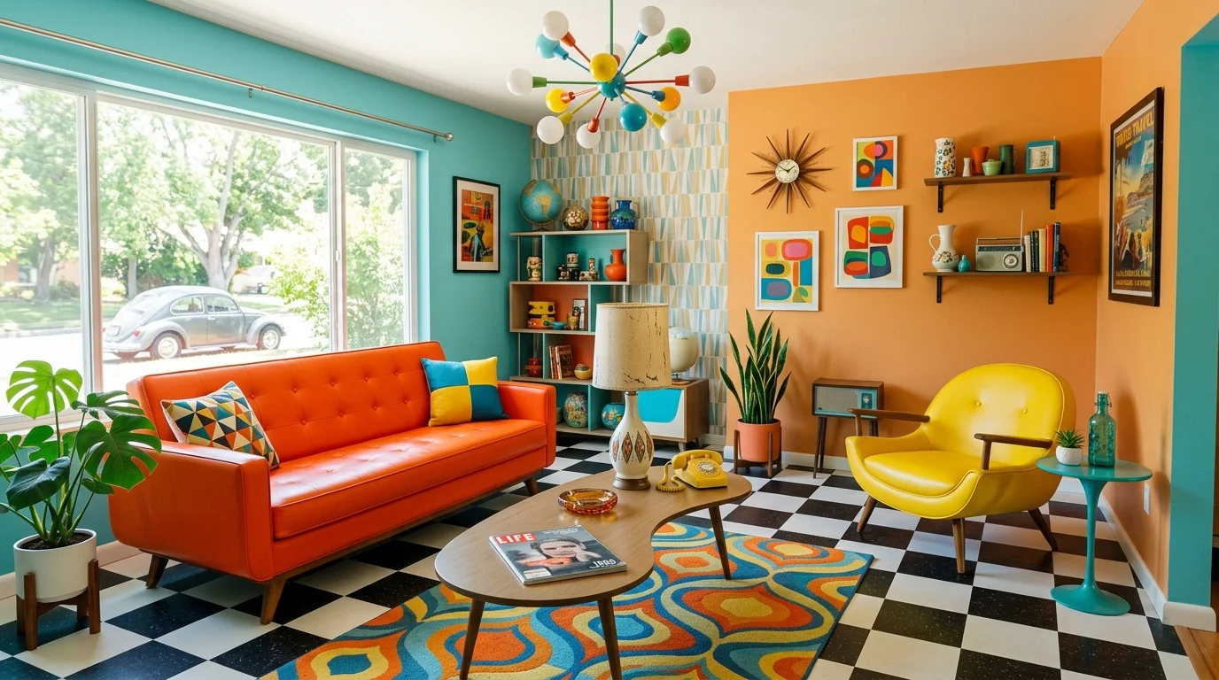 A retro room with checkered flooring and bright colored furniture pieces bright lighting playful vintage design no people