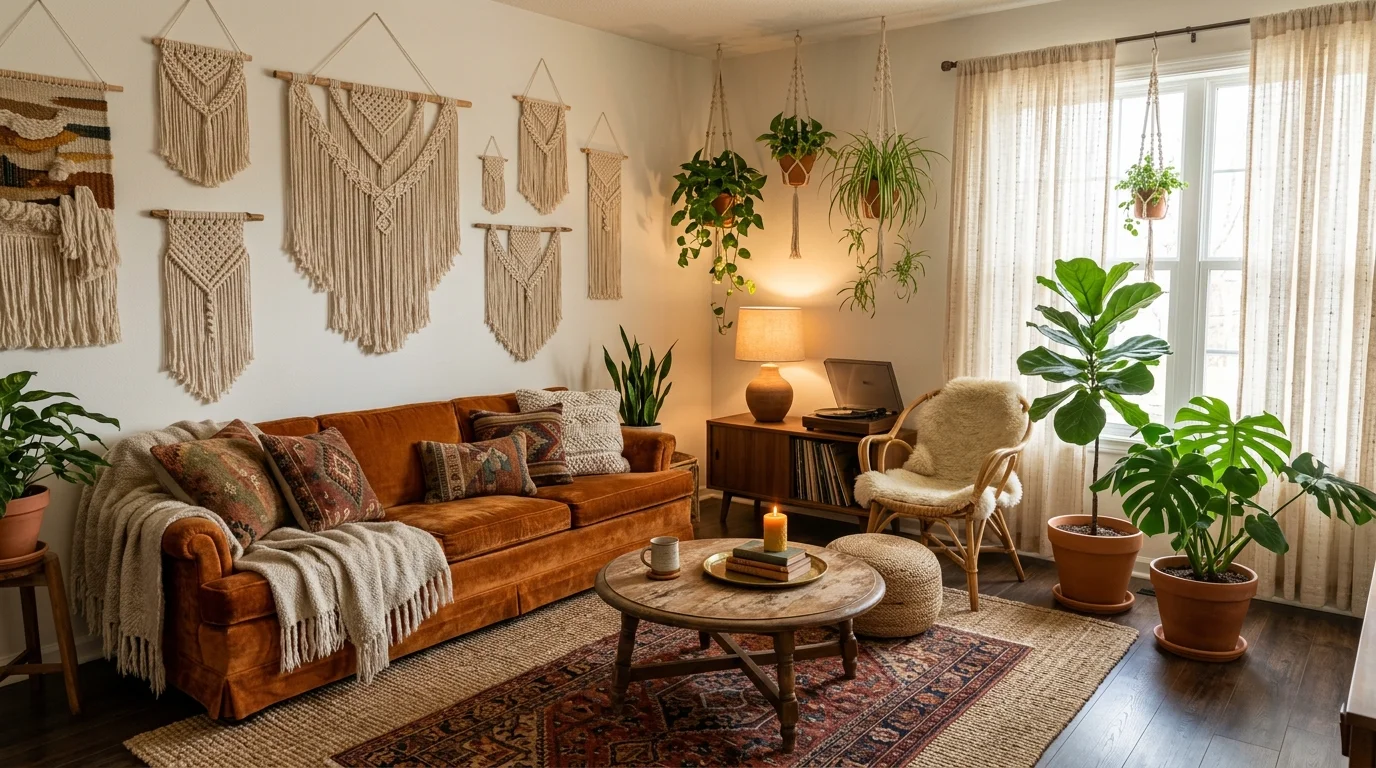 A living space with layered textures including macrame wall hangings woven rugs and plants soft lighting cozy boho 70s style no people
