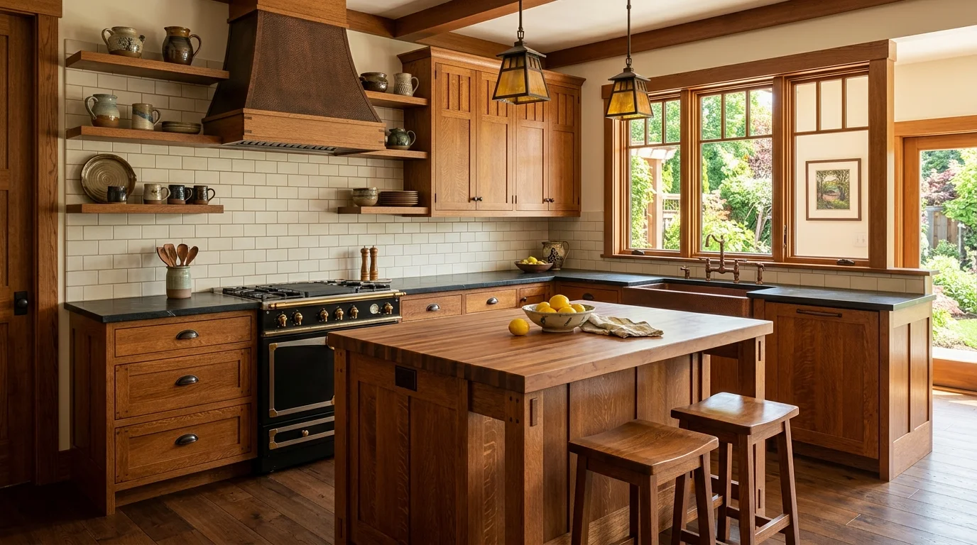 A kitchen with rich wood cabinetry detailed joinery and simple tile backsplash bright natural daylight classic craftsman design no people
