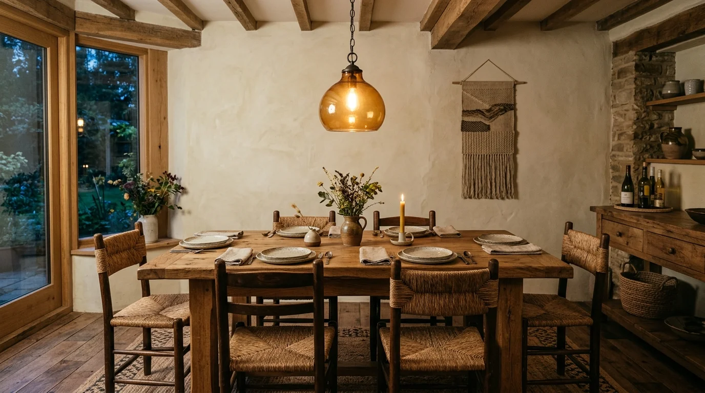 A dining room with a solid wood table and handcrafted chairs under a warm pendant light cozy artisan atmosphere no people