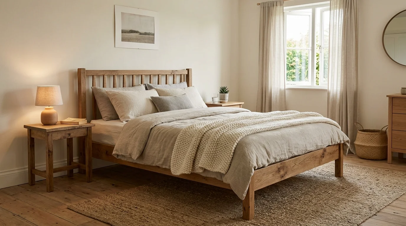A bedroom with a wooden bed frame with detailed craftsmanship and neutral textiles soft lighting calm handcrafted style no people