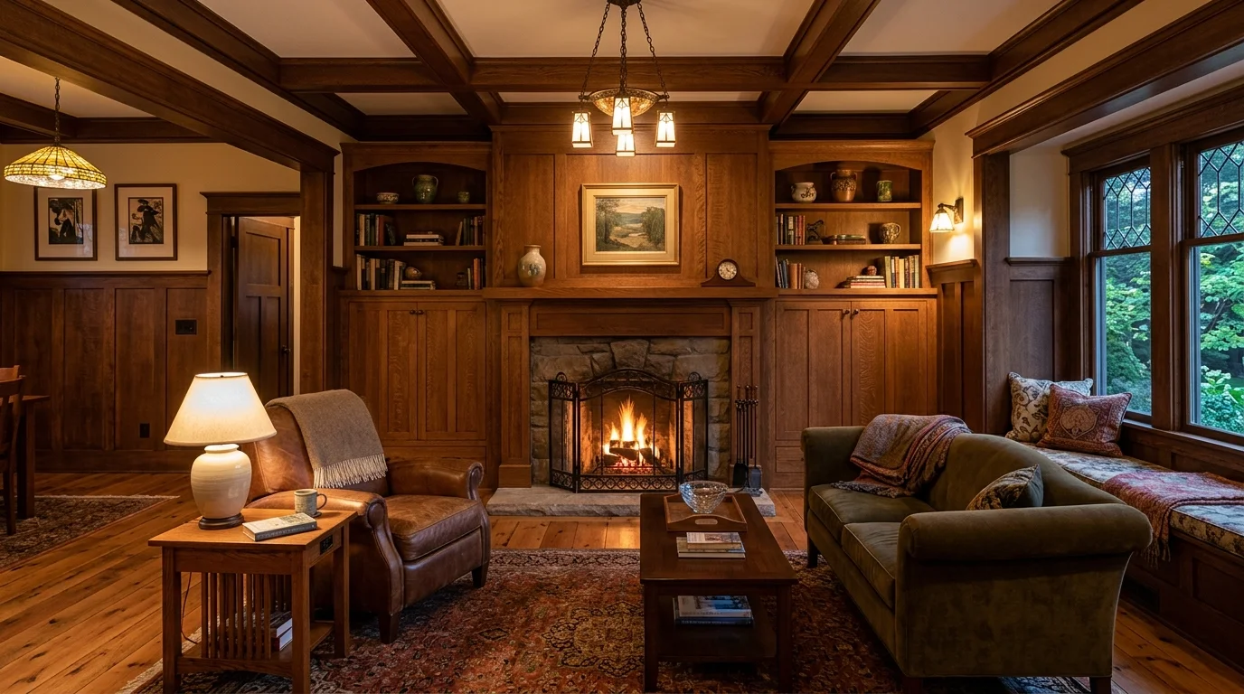A living room with built in cabinetry and wood paneling warm lighting timeless craftsman aesthetic no people