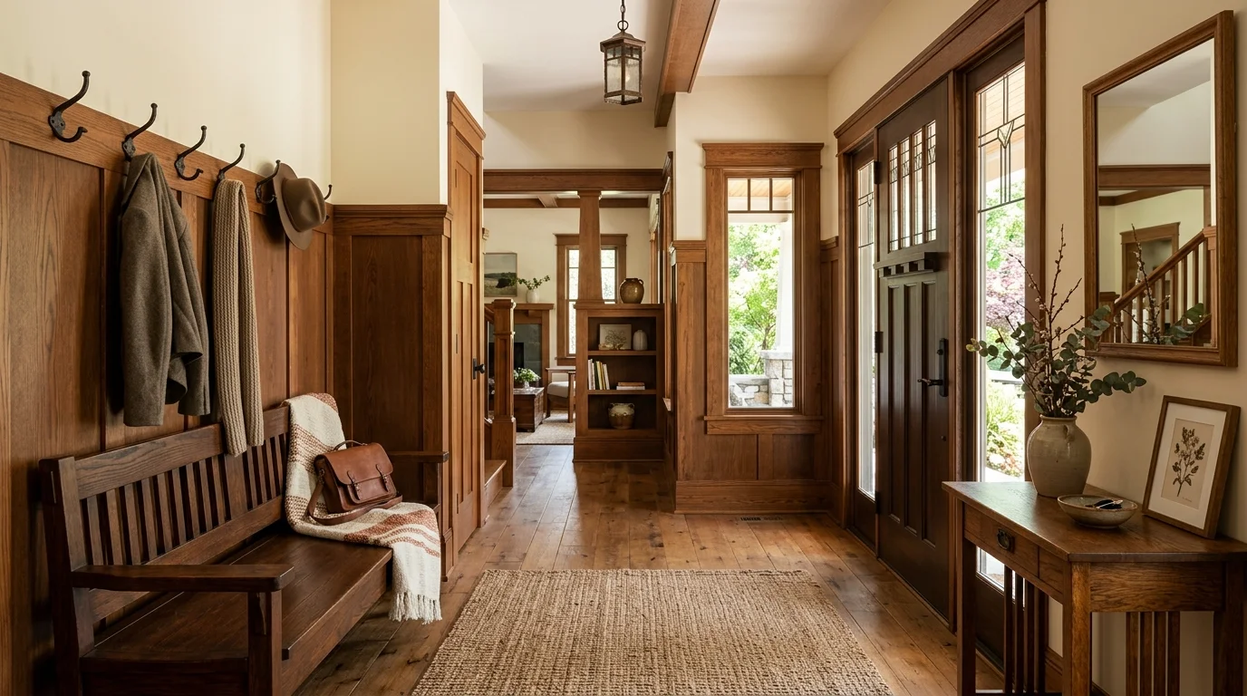 A craftsman style entryway with a wooden bench coat hooks and simple decor bright natural daylight welcoming artisan space no people
