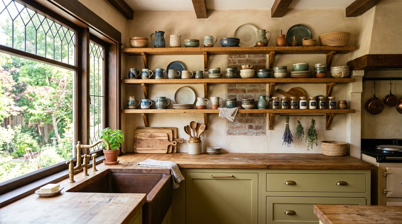 A kitchen with open shelves displaying handmade ceramics and wood accents bright natural light authentic craftsman feel no people