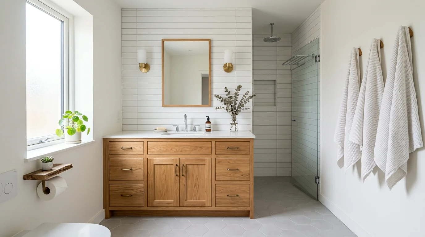 A bathroom with wood cabinetry and simple tile work bright lighting clean handcrafted design no people