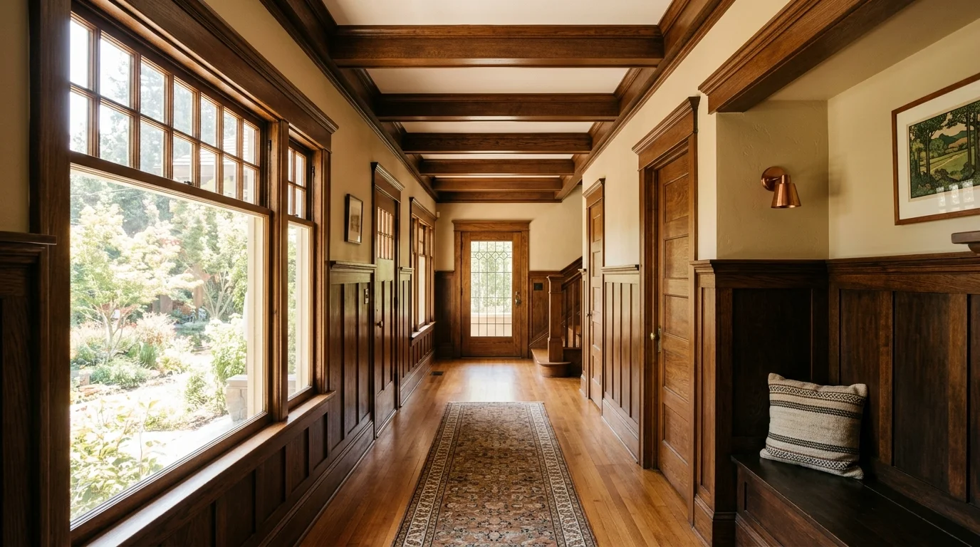 A hallway with wooden trim detailing and warm tones bright natural daylight classic craftsman character no people