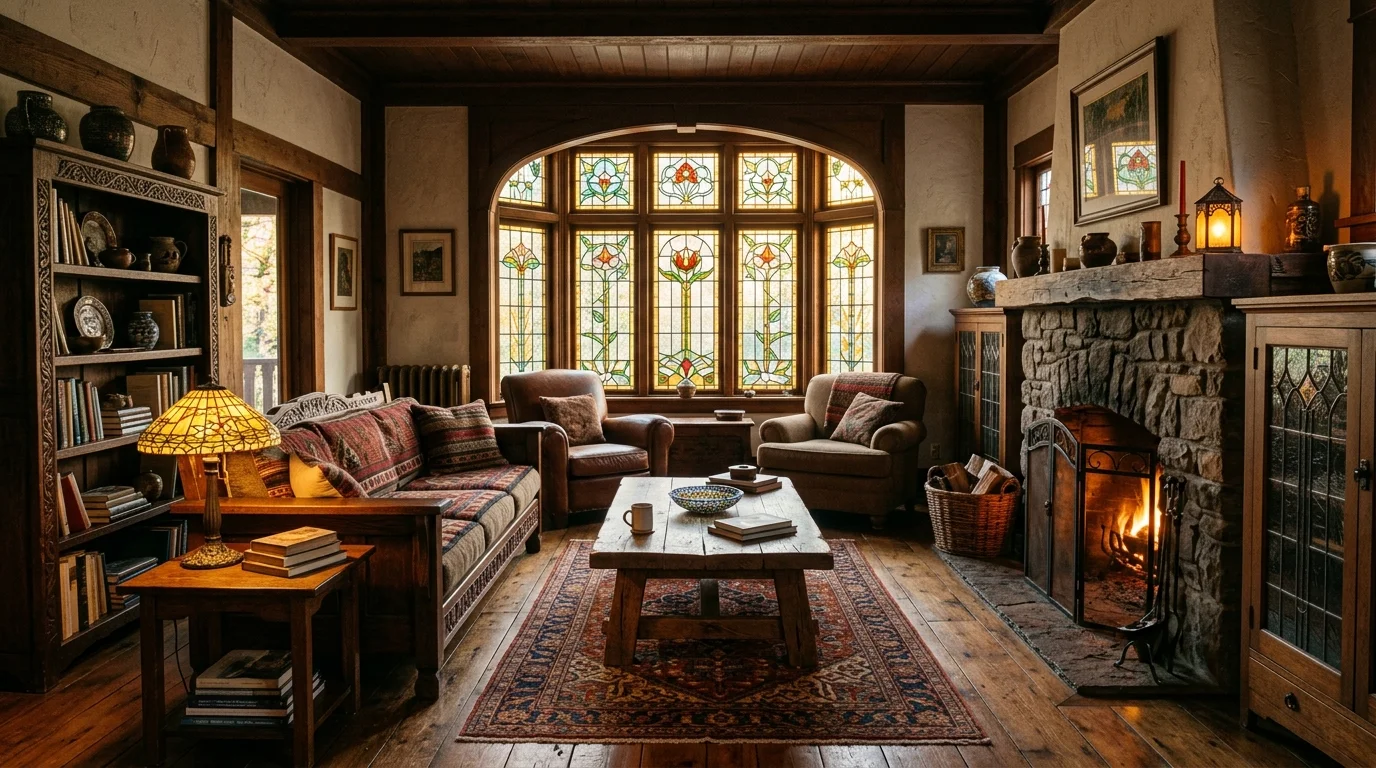A living room with stained glass accents and wooden furniture warm lighting rich artisan charm no people