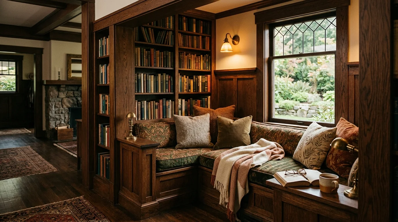 A cozy reading nook with a built in bench and wood detailing soft lighting relaxing craftsman retreat no people