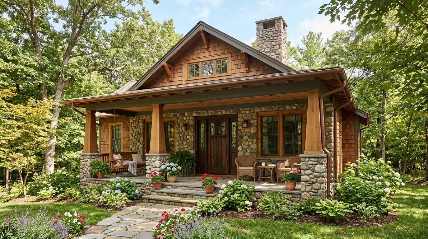 A craftsman home with a mix of wood stone and simple decor bright natural daylight balanced handcrafted design no people