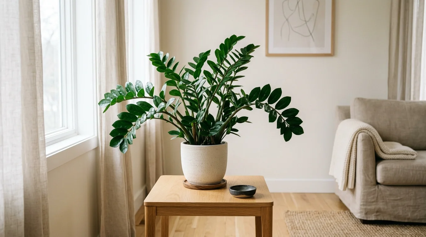 A ZZ plant with glossy dark green leaves placed on a side table in a minimalist room soft natural lighting low maintenance indoor greenery no people