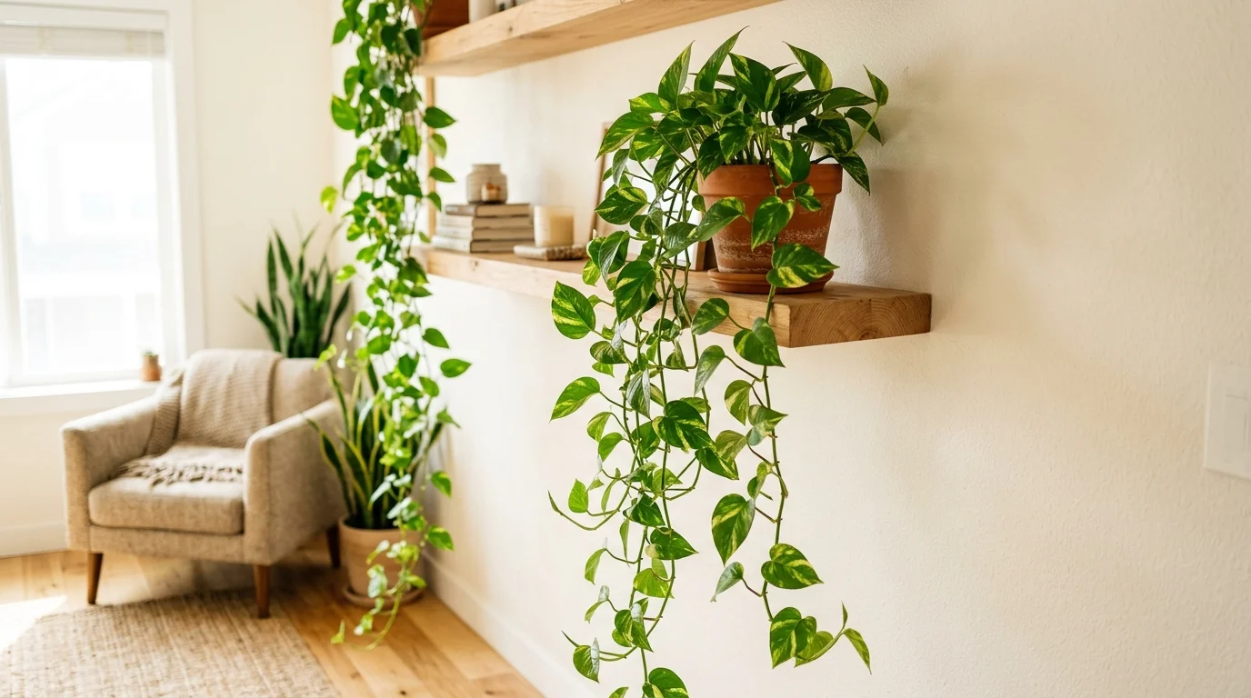 A pothos plant with trailing vines cascading from a shelf bright daylight easy care plant adding lush greenery to the space no people
