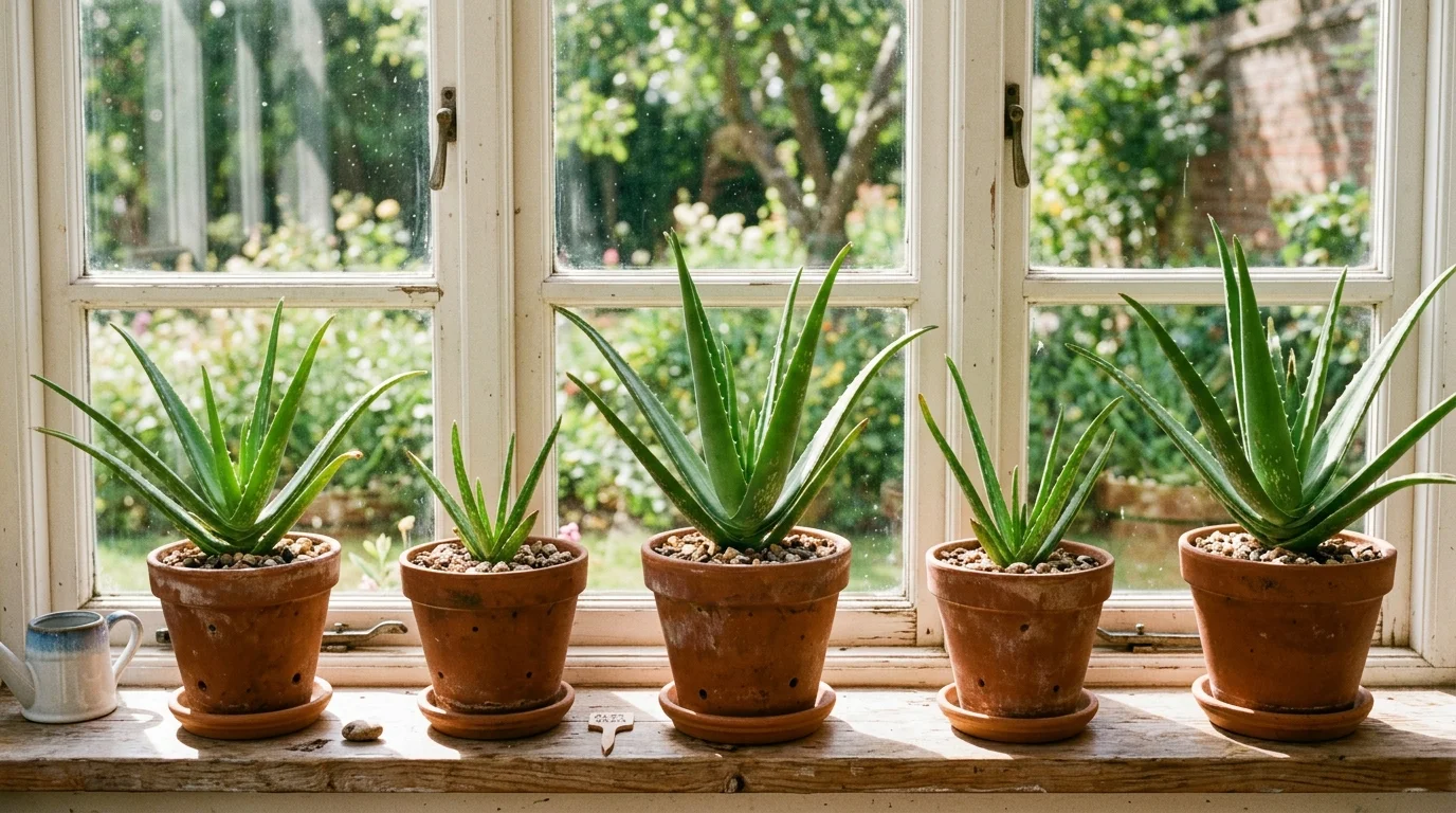A set of aloe vera plants in terracotta pots arranged on a sunny windowsill bright natural light hardy beginner plant display no people