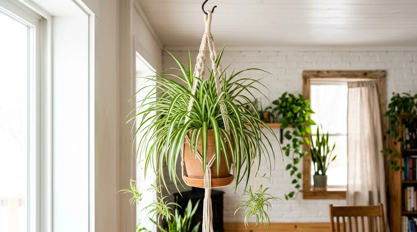 A spider plant in a hanging basket with arching striped leaves bright lighting resilient plant thriving indoors no people