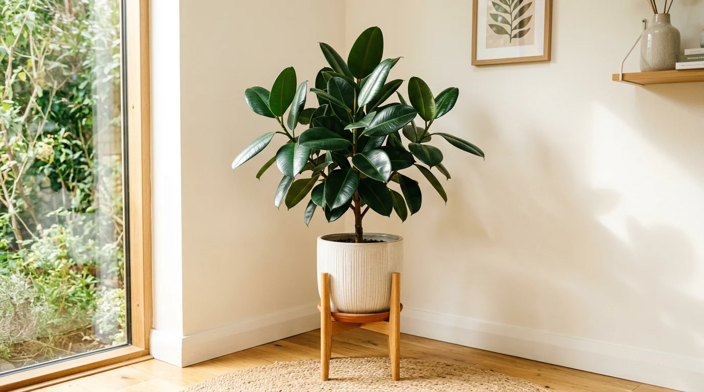A rubber plant with thick shiny leaves placed in a corner bright natural lighting durable stylish indoor plant no people