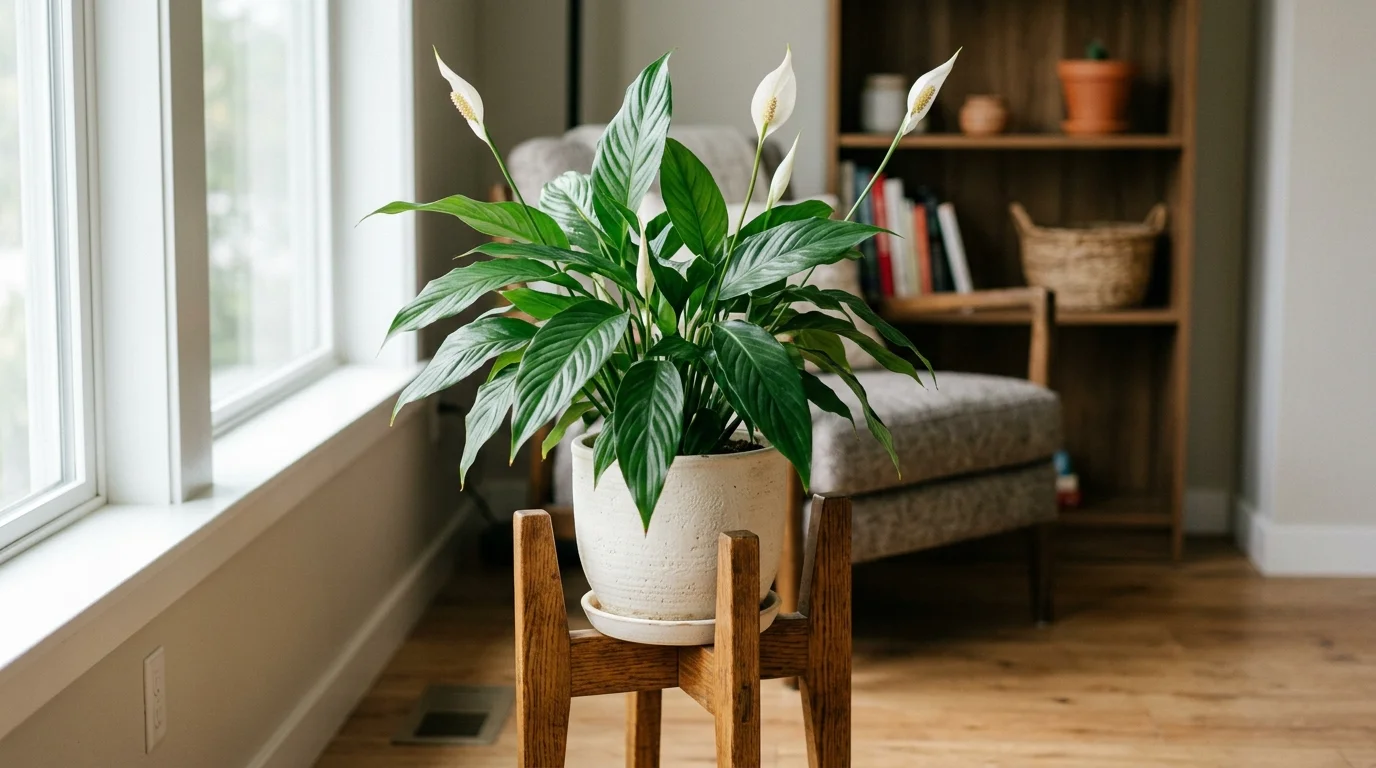 A peace lily with dark green leaves and white blooms placed on a wooden stand soft lighting easy care decorative plant no people