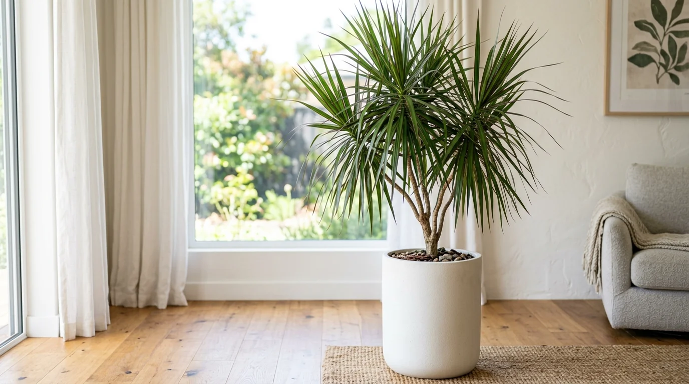A dracaena plant with long narrow leaves in a tall planter bright lighting hardy indoor greenery for beginners no people