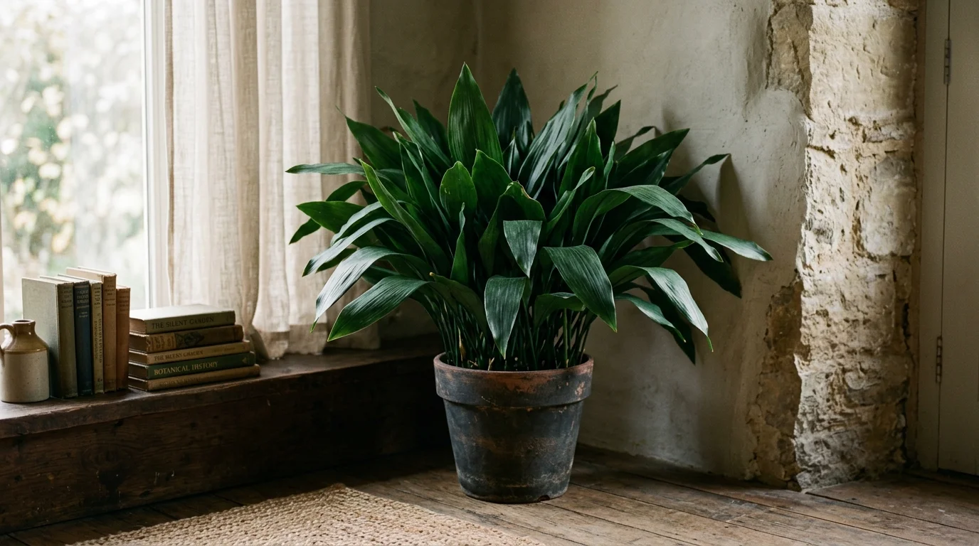 A cast iron plant with deep green foliage placed in a shaded corner soft lighting extremely resilient houseplant no people