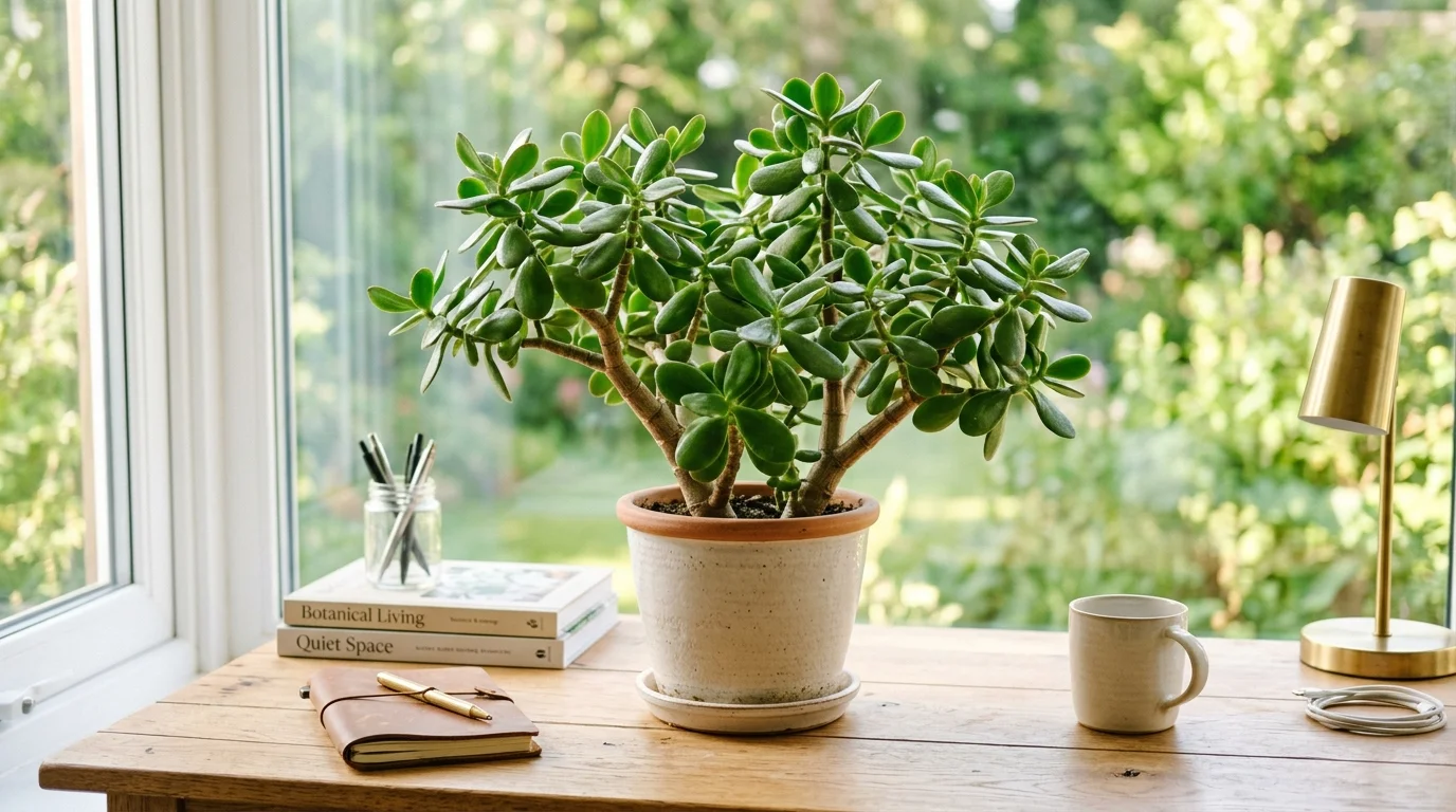 A jade plant with thick succulent leaves placed on a desk bright natural daylight simple low maintenance greenery no people