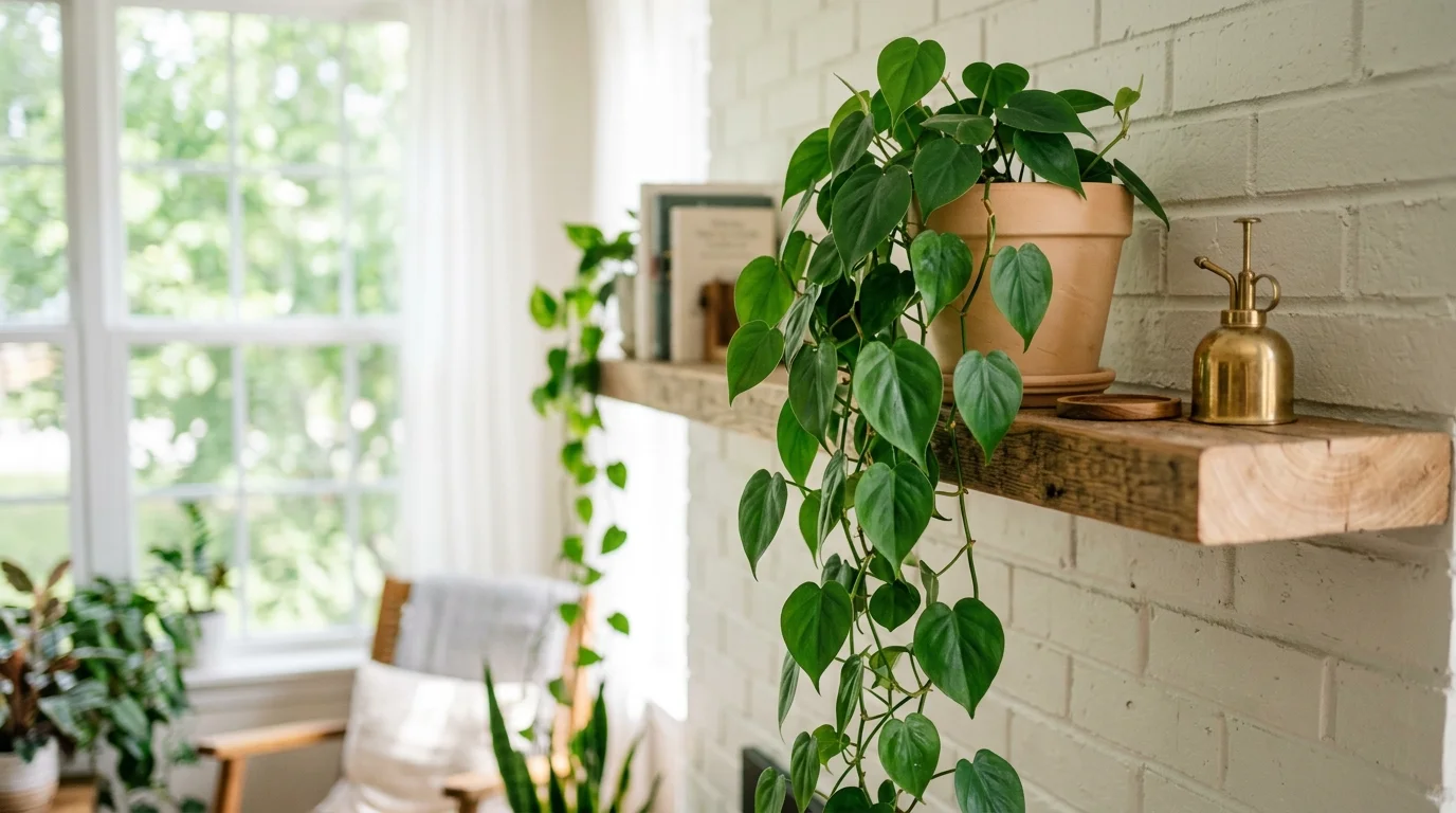 A philodendron plant with heart shaped leaves trailing from a pot bright lighting easy care indoor plant choice no people