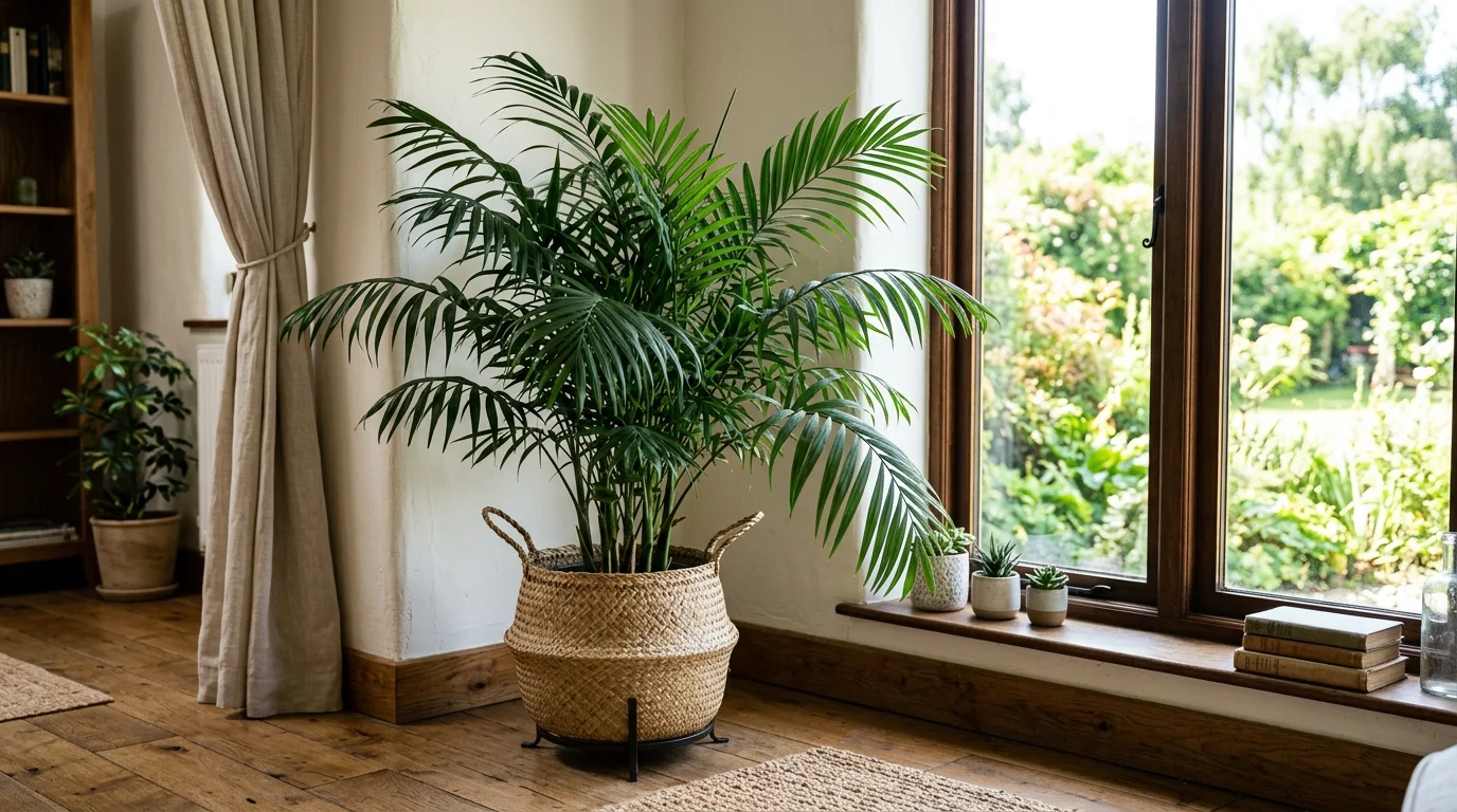 A bamboo palm placed in a woven basket near a window bright natural light hardy tropical indoor plant no people
