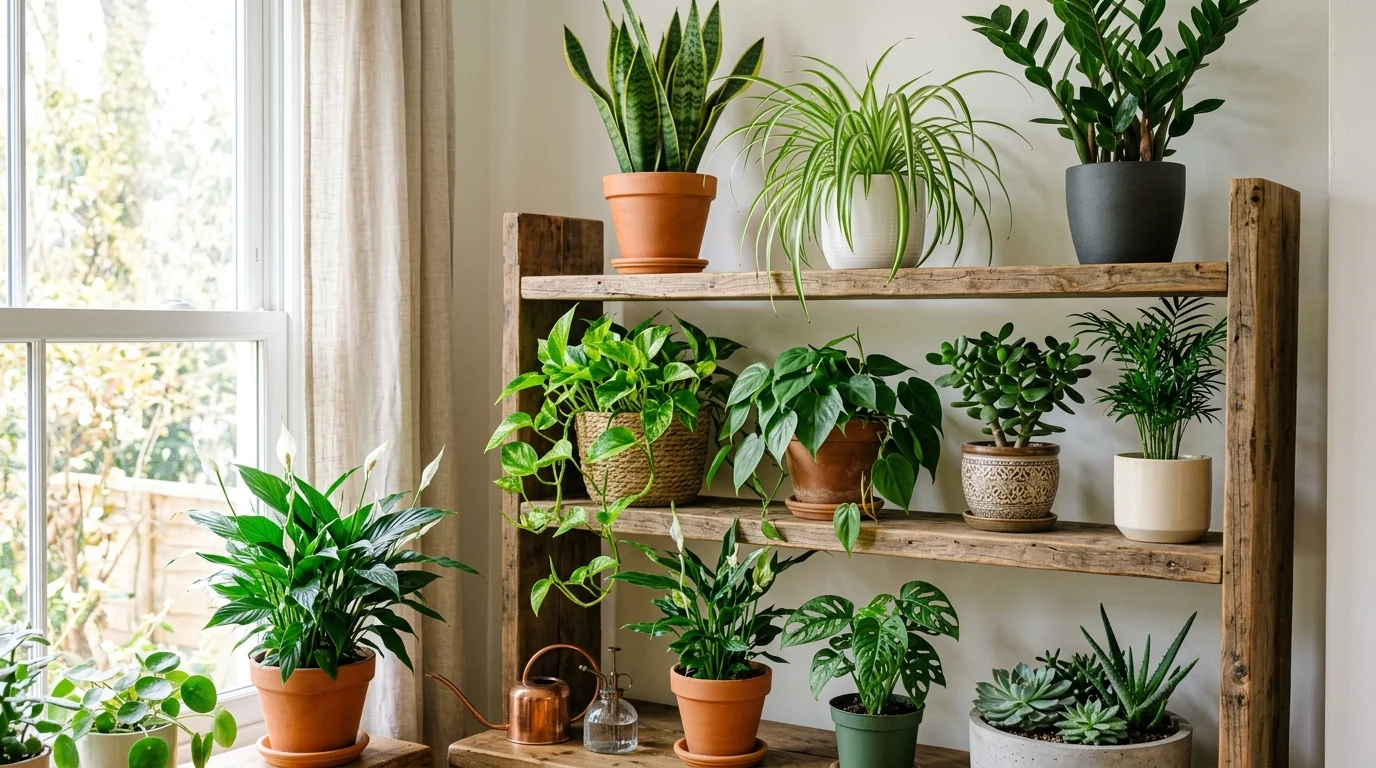 A collection of beginner friendly plants grouped together on a shelf bright natural daylight lush low maintenance indoor garden no people