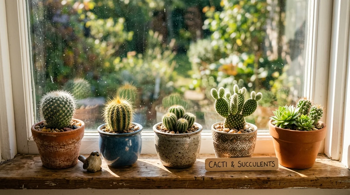 A cactus arrangement in small pots placed on a bright windowsill strong sunlight highlighting their shapes extremely low maintenance plant display no people