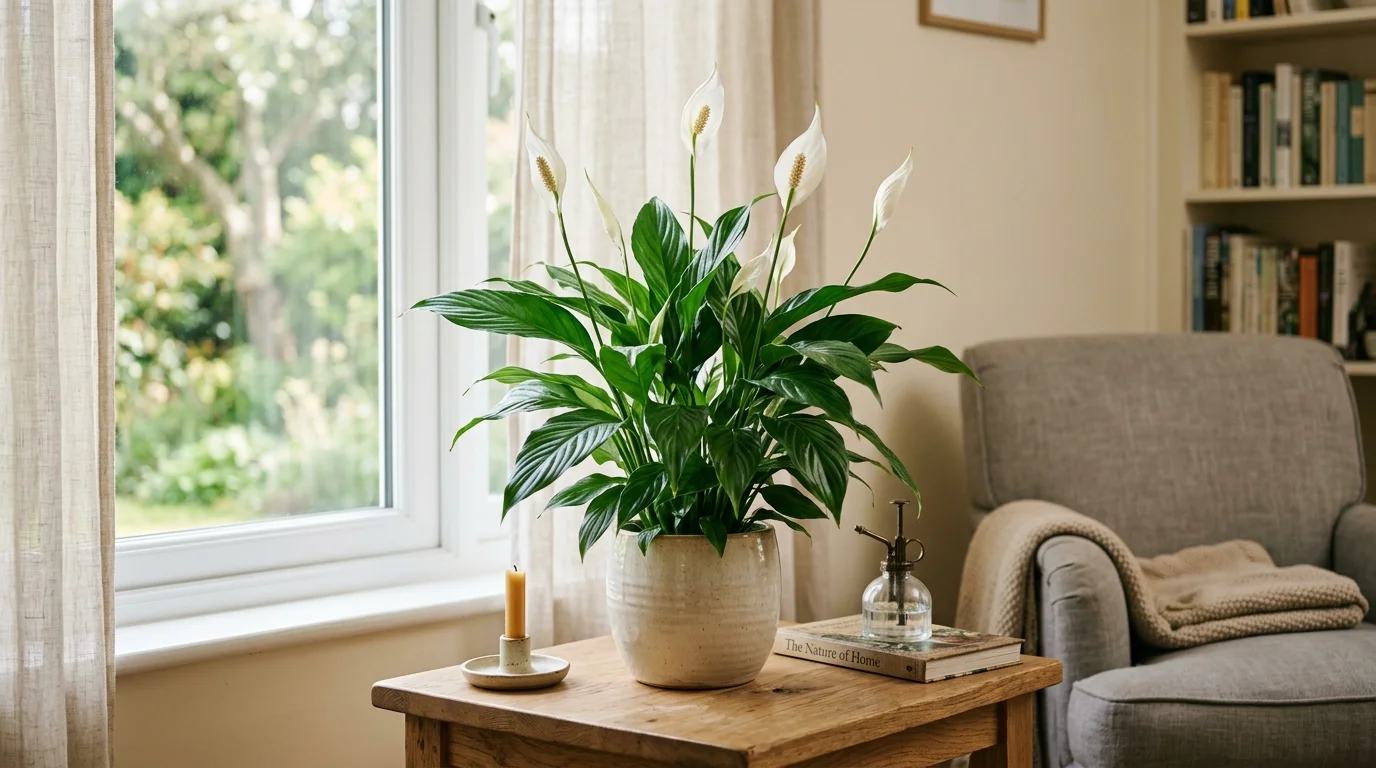 A peace lily with glossy dark green leaves and white blooms placed on a side table soft natural light calming air purifying atmosphere no people