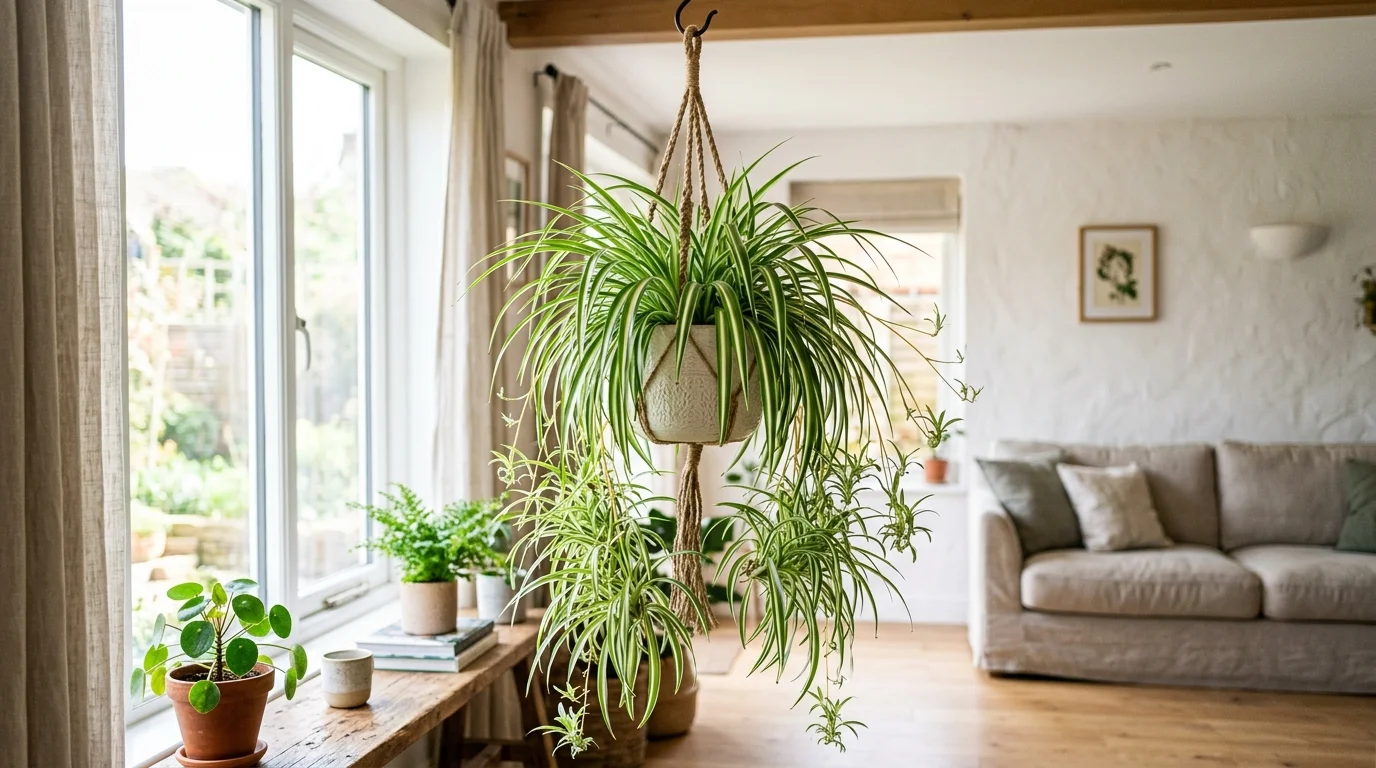 A hanging spider plant with long arching green and white leaves cascading downward bright daylight lively fresh indoor decor no people