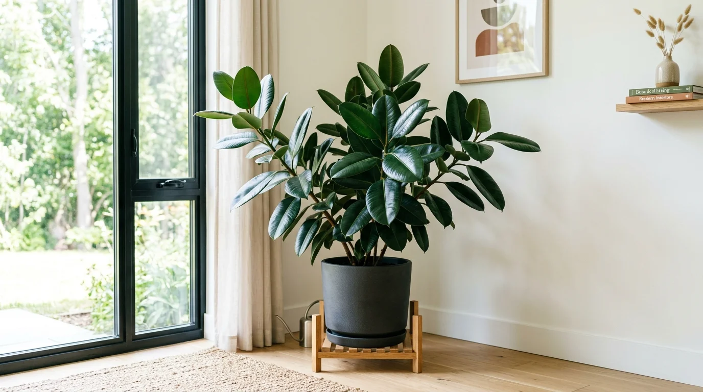 A rubber plant with large shiny leaves in a modern pot placed in a corner bright natural lighting stylish air boosting greenery no people