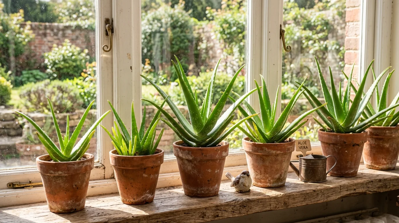 A set of aloe vera plants in terracotta pots arranged on a sunny windowsill bright natural light fresh functional plant decor no people