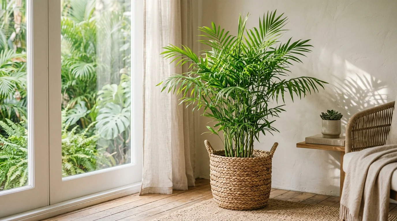A bamboo palm placed in a woven basket with soft light filtering through leaves tropical fresh indoor ambiance no people